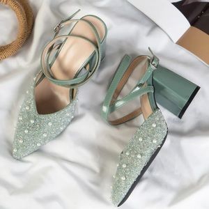 Rhinestone decor chunky heeled ankle strap pumps